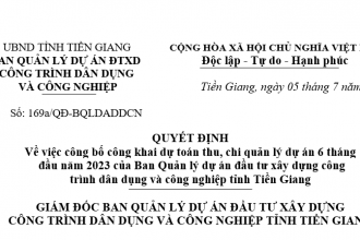 Quyết định về việc công bố công khai dự toán thu, chi quản lý dự án 6 tháng đầu năm 2023 của Ban Quản lý dự án đầu tư xây dựng công trình dân dụng và công nghiệp tỉnh Tiền Giang